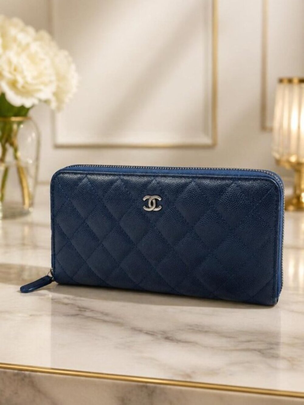 Chanel Blue Caviar Quilted Zip Around Wallet CC Logo Luxury Designer Authentic